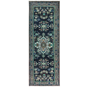 3'4"x9'8" Navy Blue, Worn Wool Hand Knotted Vintage Persian Bakhtiar, Sheared Low Distressed Look, Wide Runner Oriental Rug FWR371166