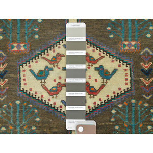 3'8"x9' Almond Brown, Vintage Persian Shiraz with Bird Figurines, Abrash Sheared Low Distressed Look Worn Wool Hand Knotted, Wide Runner Oriental Rug FWR371190