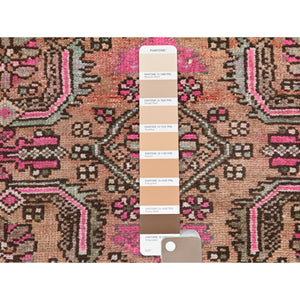 4'x9' Hot Pink, Vintage Persian Herati Fish Design Serab Sheared Low, Distressed Look Worn Wool Hand Knotted, Wide Runner Oriental Rug FWR371214