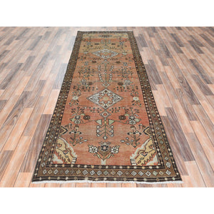 3'3"x9'4" Apricot Color, Vintage Persian Bibikabad Cropped Thin, Distressed Look Worn Wool Hand Knotted, Wide Runner Oriental Rug FWR371220