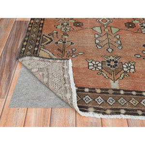 3'3"x9'4" Apricot Color, Vintage Persian Bibikabad Cropped Thin, Distressed Look Worn Wool Hand Knotted, Wide Runner Oriental Rug FWR371220