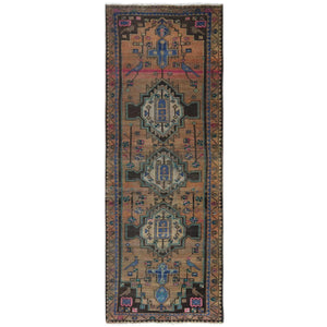 3'4"x9'3" Walnut Brown, Hand Knotted Vintage Persian Hamadan with Bird Figurines, Abrash Cropped Thin Distressed Look Worn Wool, Wide Runner Oriental Rug FWR371232