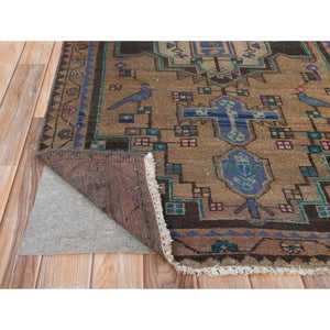 3'4"x9'3" Walnut Brown, Hand Knotted Vintage Persian Hamadan with Bird Figurines, Abrash Cropped Thin Distressed Look Worn Wool, Wide Runner Oriental Rug FWR371232