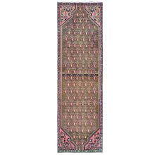 Load image into Gallery viewer, 2&#39;8&quot;x8&#39;10&quot; Apricot Color, Vintage Persian Hamadan with Repetitive Pattern, Cropped Thin Distressed Look Worn Wool Hand Knotted, Runner Oriental Rug FWR371304