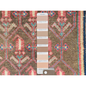 2'8"x8'10" Apricot Color, Vintage Persian Hamadan with Repetitive Pattern, Cropped Thin Distressed Look Worn Wool Hand Knotted, Runner Oriental Rug FWR371304