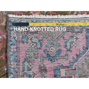 2'8"x8'10" Apricot Color, Vintage Persian Hamadan with Repetitive Pattern, Cropped Thin Distressed Look Worn Wool Hand Knotted, Runner Oriental Rug FWR371304
