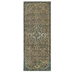 3'5"x9' Mocha Brown, Hand Knotted Vintage Persian Hamadan with Fish Design, Cropped Thin Distressed Look Worn Wool, Wide Runner Oriental Rug FWR371340