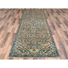 Load image into Gallery viewer, 3&#39;5&quot;x9&#39; Mocha Brown, Hand Knotted Vintage Persian Hamadan with Fish Design, Cropped Thin Distressed Look Worn Wool, Wide Runner Oriental Rug FWR371340