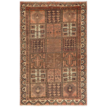 Load image into Gallery viewer, 4&#39;9&quot;x7&#39;4&quot; Brown, Hand Knotted Vintage Persian Bakhtiar with Garden Block Design, Sheared Low Distressed Look Worn Wool, Oriental Rug FWR371430