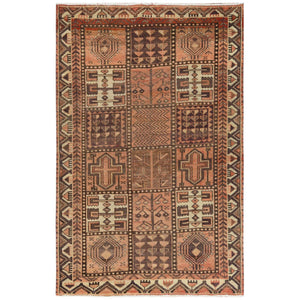4'9"x7'4" Brown, Hand Knotted Vintage Persian Bakhtiar with Garden Block Design, Sheared Low Distressed Look Worn Wool, Oriental Rug FWR371430