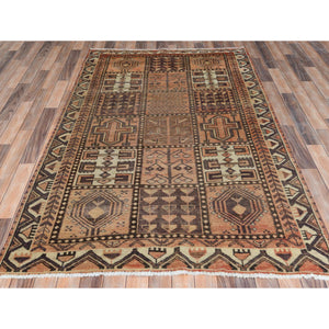 4'9"x7'4" Brown, Hand Knotted Vintage Persian Bakhtiar with Garden Block Design, Sheared Low Distressed Look Worn Wool, Oriental Rug FWR371430