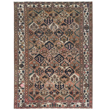 Load image into Gallery viewer, 7&#39;x9&#39;5&quot; Mocha Brown, Vintage Persian Bakhtiar with Garden Patch Design Cropped Thin, Distressed Look Worn Wool Hand Knotted, Oriental Rug FWR371484