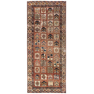 4'10"x11'7" Hazelnut Brown, Vintage Persian Bakhtiar with Garden Block Design, Cropped Thin Distressed Look Worn Wool Hand Knotted, Wide Runner Oriental Rug FWR371508