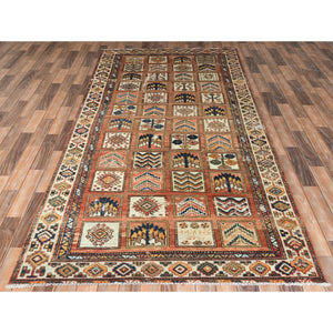 4'10"x11'7" Hazelnut Brown, Vintage Persian Bakhtiar with Garden Block Design, Cropped Thin Distressed Look Worn Wool Hand Knotted, Wide Runner Oriental Rug FWR371508