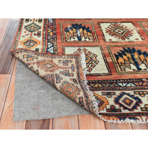 4'10"x11'7" Hazelnut Brown, Vintage Persian Bakhtiar with Garden Block Design, Cropped Thin Distressed Look Worn Wool Hand Knotted, Wide Runner Oriental Rug FWR371508