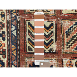 4'10"x11'7" Hazelnut Brown, Vintage Persian Bakhtiar with Garden Block Design, Cropped Thin Distressed Look Worn Wool Hand Knotted, Wide Runner Oriental Rug FWR371508