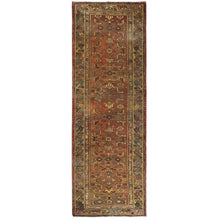 Load image into Gallery viewer, 3&#39;4&quot;x9&#39;10&quot; Earth Tone Colors, Vintage Persian Hamadan with All Over Fish Mahi Design Sheared Low, Distressed Look Worn Wool Hand Knotted, Wide Runner Oriental Rug FWR371634