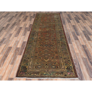 3'4"x9'10" Earth Tone Colors, Vintage Persian Hamadan with All Over Fish Mahi Design Sheared Low, Distressed Look Worn Wool Hand Knotted, Wide Runner Oriental Rug FWR371634