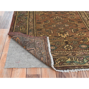 3'4"x9'10" Earth Tone Colors, Vintage Persian Hamadan with All Over Fish Mahi Design Sheared Low, Distressed Look Worn Wool Hand Knotted, Wide Runner Oriental Rug FWR371634