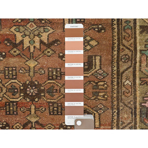 3'4"x9'10" Earth Tone Colors, Vintage Persian Hamadan with All Over Fish Mahi Design Sheared Low, Distressed Look Worn Wool Hand Knotted, Wide Runner Oriental Rug FWR371634