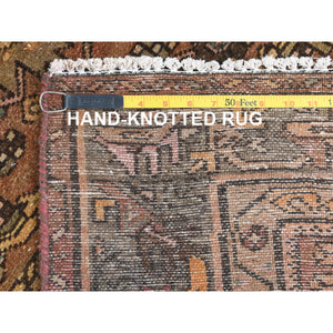 3'4"x9'10" Earth Tone Colors, Vintage Persian Hamadan with All Over Fish Mahi Design Sheared Low, Distressed Look Worn Wool Hand Knotted, Wide Runner Oriental Rug FWR371634