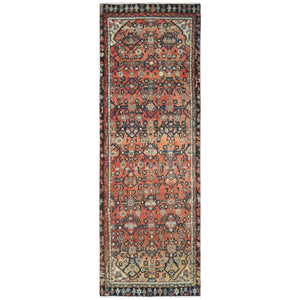 3'2"x9'6" Sunset Colors, Hand Knotted Vintage Persian Hamadan With Fish Repetitive Design, Cropped Thin Distressed Look Worn Wool, Wide Runner Oriental Rug FWR371652