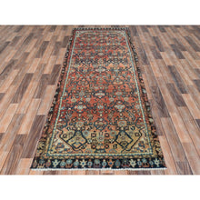 Load image into Gallery viewer, 3&#39;2&quot;x9&#39;6&quot; Sunset Colors, Hand Knotted Vintage Persian Hamadan With Fish Repetitive Design, Cropped Thin Distressed Look Worn Wool, Wide Runner Oriental Rug FWR371652