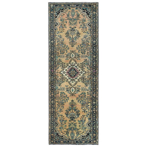 3'5"x10'1" Vanilla Cream, Vintage Persian Lilahan Cropped Thin, Distressed Look Worn Wool Hand Knotted, Wide Runner Oriental Rug FWR371664