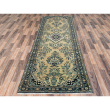 Load image into Gallery viewer, 3&#39;5&quot;x10&#39;1&quot; Vanilla Cream, Vintage Persian Lilahan Cropped Thin, Distressed Look Worn Wool Hand Knotted, Wide Runner Oriental Rug FWR371664
