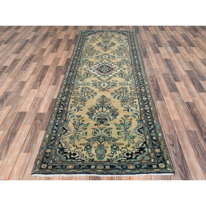 3'5"x10'1" Vanilla Cream, Vintage Persian Lilahan Cropped Thin, Distressed Look Worn Wool Hand Knotted, Wide Runner Oriental Rug FWR371664