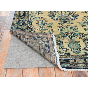 3'5"x10'1" Vanilla Cream, Vintage Persian Lilahan Cropped Thin, Distressed Look Worn Wool Hand Knotted, Wide Runner Oriental Rug FWR371664