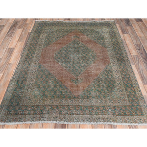 4'1"x6' Honey Brown, Hand Knotted Vintage Persian Shiraz Sheared Low, Distressed Look Worn Wool, Oriental Rug FWR371718
