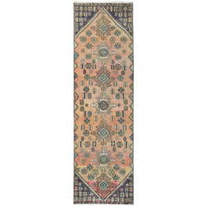 2'7"x8'9" Sunset Colors Distressed Look Worn Wool Hand Knotted, Vintage Persian Bakhtiar Sheared Low, Narrow Runner Oriental Rug FWR371766