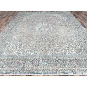 9'5"x12'6" Beige Hand Knotted Cropped Thin, Worn Wool Sheared Low Shabby Chic Distressed Look Vintage Persian Tabriz Oriental Rug FWR371808