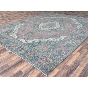 9'4"x12'4" Rose Pink Vintage Persian Tabriz Worn Wool, Sheared Low Distressed Look, Shabby Chic Hand Knotted Oriental Rug FWR371814