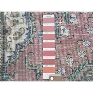 9'4"x12'4" Rose Pink Vintage Persian Tabriz Worn Wool, Sheared Low Distressed Look, Shabby Chic Hand Knotted Oriental Rug FWR371814