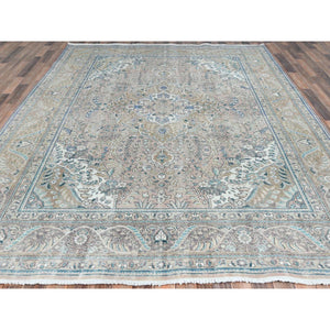 8'3"x11' Peach Color Vintage Persian Tabriz Worn Wool, Sheared Low Distressed Look, Shabby Chic Hand Knotted Oriental Rug FWR371856