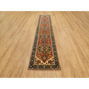 2'6"x12'2" Organic Wool Red Antiqued Heriz Re-Creation Hand Knotted Oriental Runner Rug FWR372066