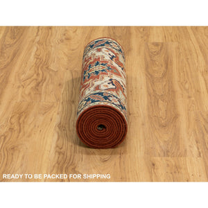 2'6"x12'2" Organic Wool Red Antiqued Heriz Re-Creation Hand Knotted Oriental Runner Rug FWR372066