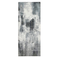 Load image into Gallery viewer, 4&#39;3&quot;x10&#39; Gray with Charcoal Black Hand Knotted Abstract Design Wool and Silk Oriental Runner Rug FWR372144