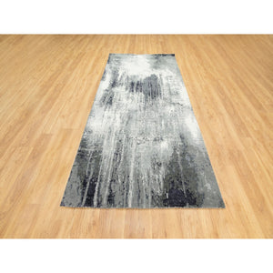 4'3"x10' Gray with Charcoal Black Hand Knotted Abstract Design Wool and Silk Oriental Runner Rug FWR372144