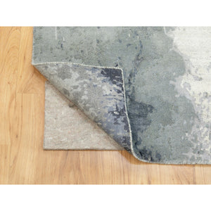 4'3"x10' Gray with Charcoal Black Hand Knotted Abstract Design Wool and Silk Oriental Runner Rug FWR372144
