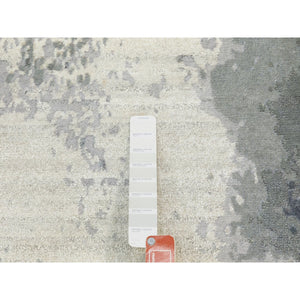 4'3"x10' Gray with Charcoal Black Hand Knotted Abstract Design Wool and Silk Oriental Runner Rug FWR372144