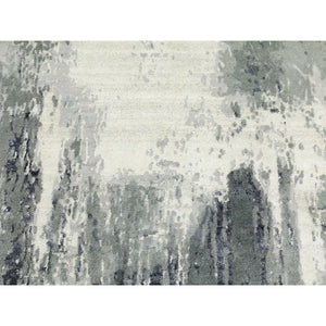 4'3"x10' Gray with Charcoal Black Hand Knotted Abstract Design Wool and Silk Oriental Runner Rug FWR372144