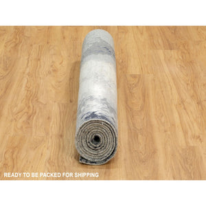 4'3"x10' Gray with Charcoal Black Hand Knotted Abstract Design Wool and Silk Oriental Runner Rug FWR372144