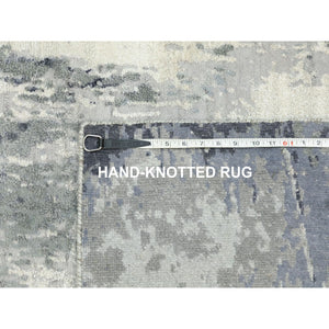 4'3"x10' Gray with Charcoal Black Hand Knotted Abstract Design Wool and Silk Oriental Runner Rug FWR372144