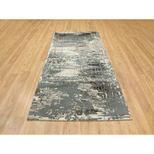 Load image into Gallery viewer, 4&#39;1&quot;x10&#39; Gray Abstract Design Wool and Silk Hi-Low Pile Hand Knotted Oriental Wide Runner Rug FWR372150