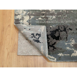 4'1"x10' Gray Abstract Design Wool and Silk Hi-Low Pile Hand Knotted Oriental Wide Runner Rug FWR372150
