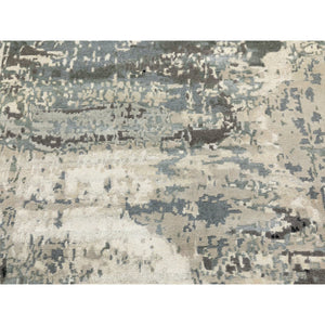 4'1"x10' Gray Abstract Design Wool and Silk Hi-Low Pile Hand Knotted Oriental Wide Runner Rug FWR372150