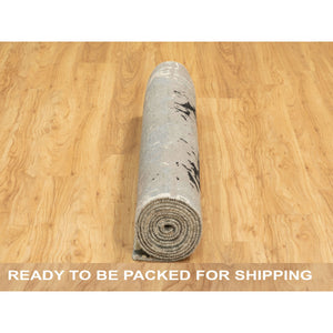 4'x12' Hand Knotted Taupe Abstract Design Wool and Silk Wide Runner Hi-Low Pile Oriental Rug FWR372204